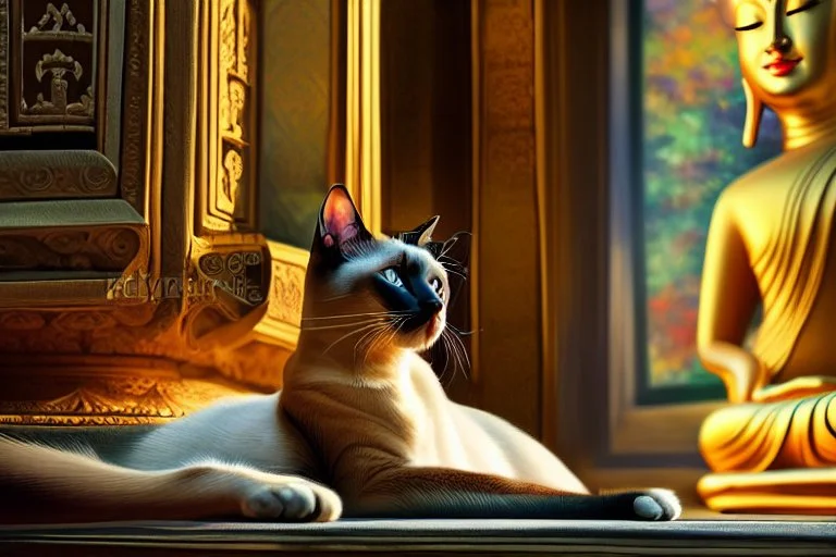 Elegant feline (Siamese cat) laying on Buddha statues lap, observing Thailand, painting impressionism, beautiful, artistic detailed Modifiers: elegant illustration intricate oil on canvas cinematic lighting very attractive beautiful dynamic lighting fantastic view close up hyperrealistic crisp quality hdr cinematic postprocessing Thomas Kinkade Caspar David Friedrich focused Craig Rutkowski