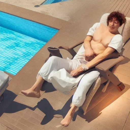 Astronaut sittning in a chair at a luxury hotel with a pool on the moon