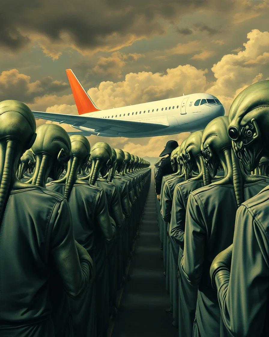 Bosch painting style , a aliens prisoners in rows with hands tight to the back and heads down are taken to a commercial airplane by guards with in the background