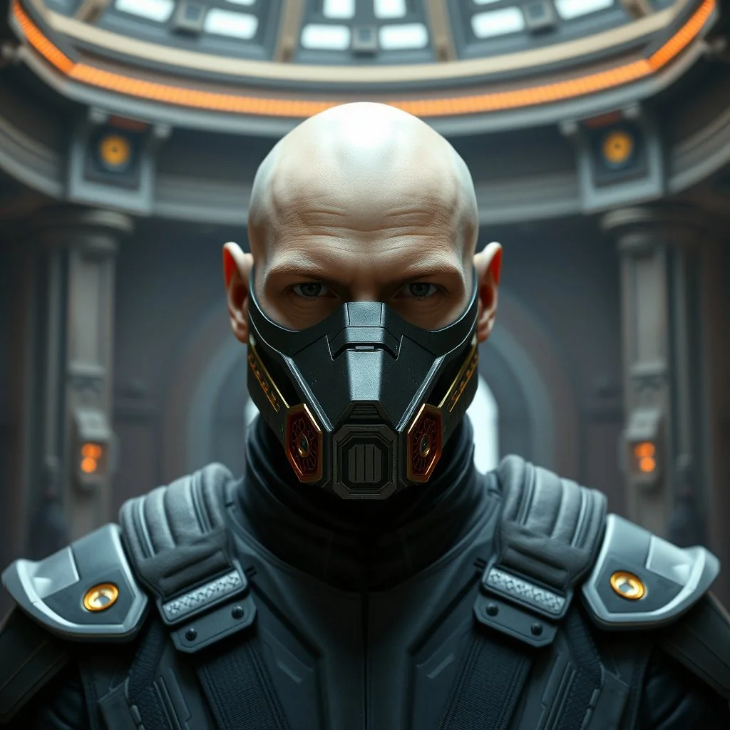 bald male corellian jedi wearing gunmetal grey and black old republic armored flightsuit and breath mask with gold and metallic red trim inside the jedi temple, centered head and shoulders portrait, hyperdetailed, dynamic lighting, hyperdetailed background, 8k resolution, volumetric lighting, light skin, fully symmetric details