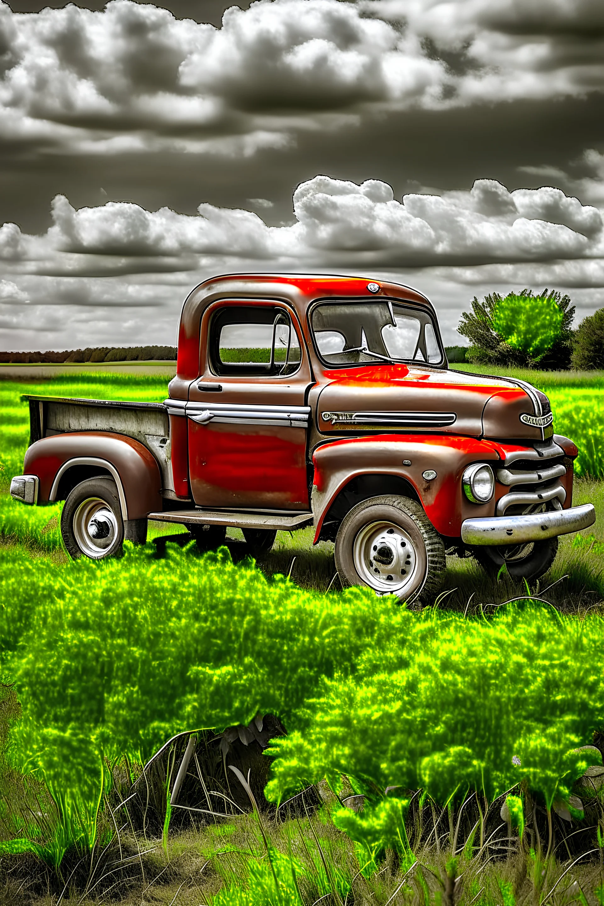 antique red pickup truck in a field no background