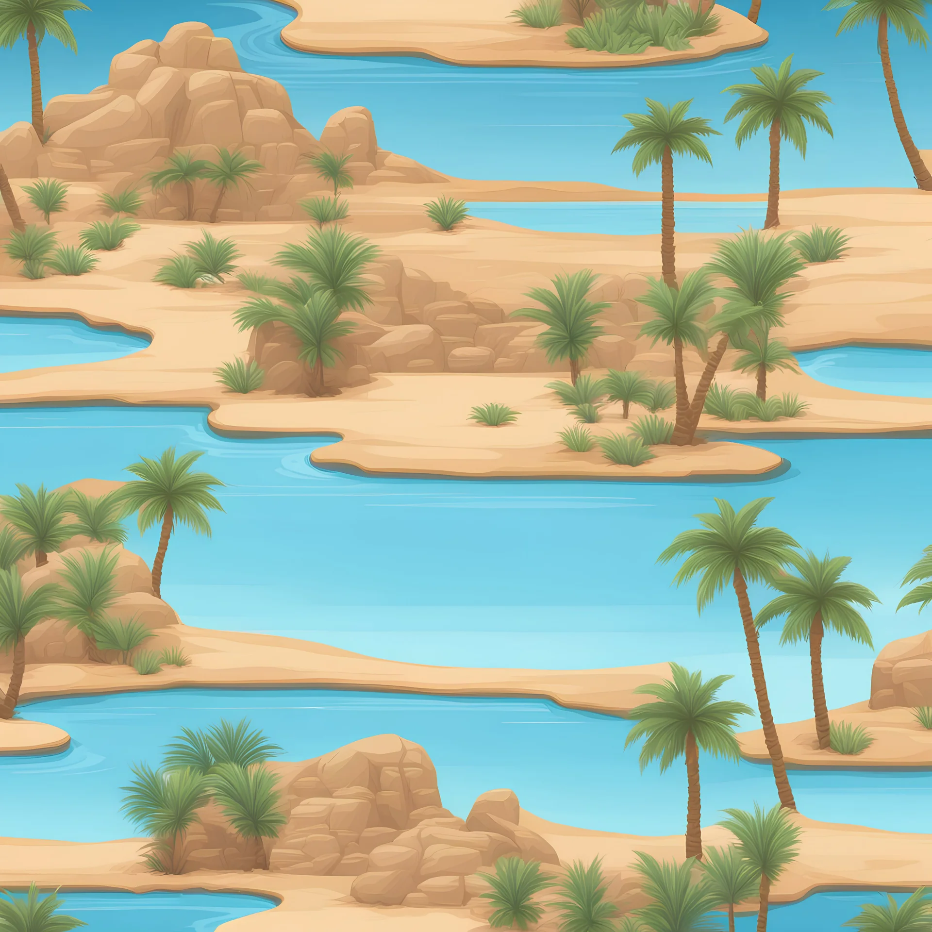 oasis bleue in an arabian desert side scroller game with ruisseau et palmiers