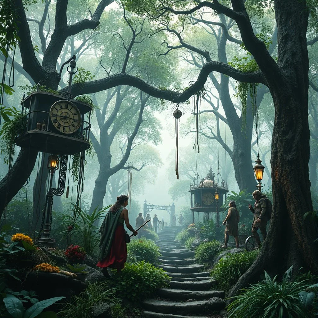 Scene from a modern fantasy live-action movie featuring the "Garden of Practicality", the Clockwork Forest Realm of Ix Chel, Cyberpunk style.
