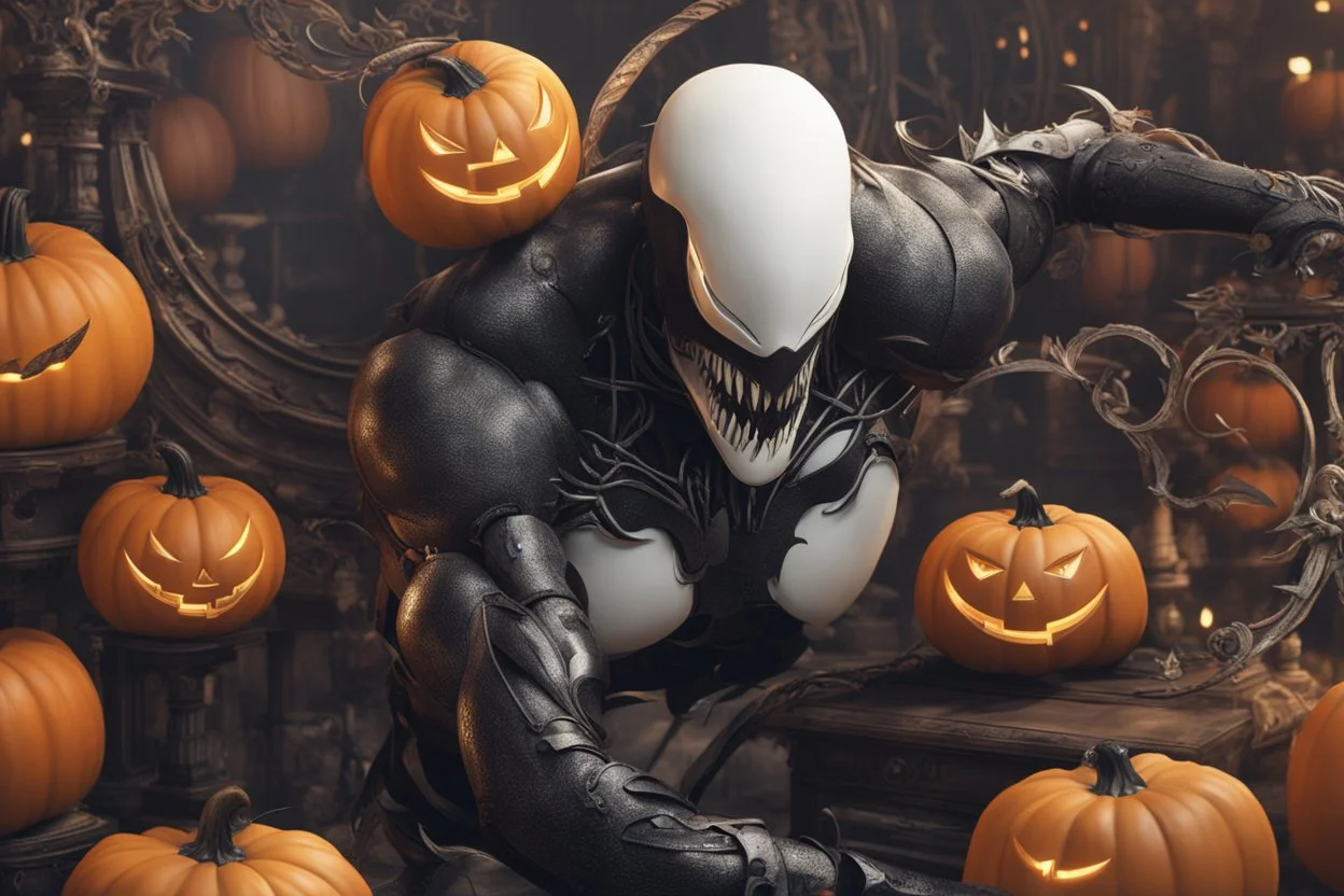 venom machine in 8k nier automata artstyle, halloween them, fire pumpkin head, close picture, fantasy world, intricate details, highly detailed, high details, detailed portrait, masterpiece,ultra detailed, ultra quality
