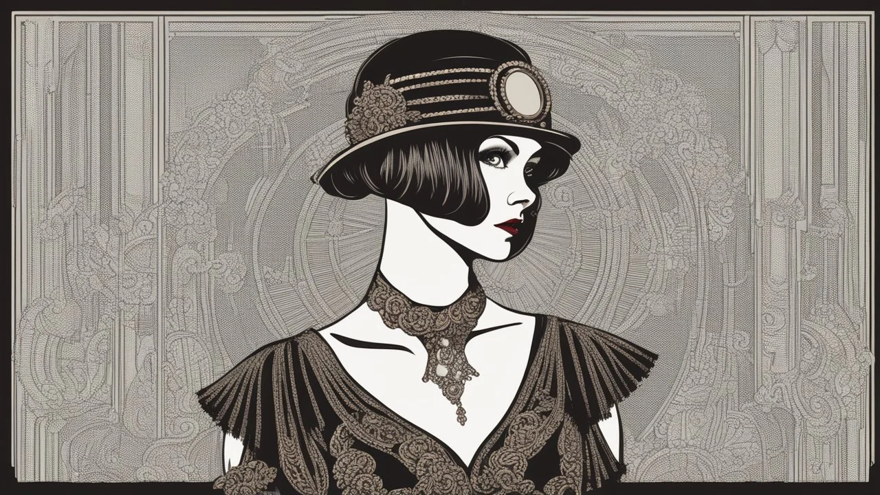 Full Body, burlesque Woman With A Bob With A Fringe Hairstyle, 1920s flapper style Clothing, Steampunk, Black Background