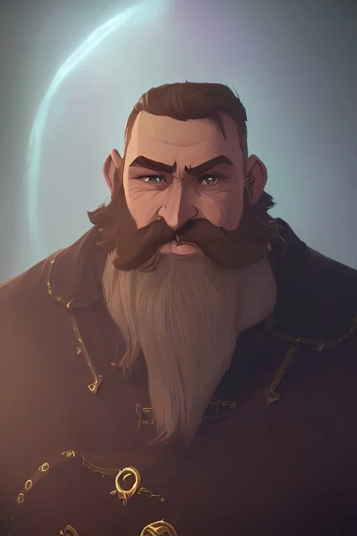 Medieval Fantasy Bearded strong man wearing a thick fur-lined merchant's coat, wearing gold rings, divine, halo, happy smiling, portrait, high definition, realistic, long hair, dynamic lighting, volumetric lighting, mustache, blond, arcane