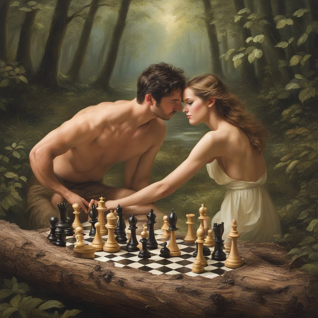 In the serene embrace of nature, Adam and Eve find themselves immersed in the beauty of their surroundings. Eve, her eyes sparkling with curiosity and a playful smile on her lips, suggests a delightful way to pass the time. They settle upon a fallen log, its aged surface providing a rustic charm for their impromptu game of chess. As they engage in their strategic dance, the connection between them grows deeper, their bond strengthened by the shared experience. Their intimacy is expressed through