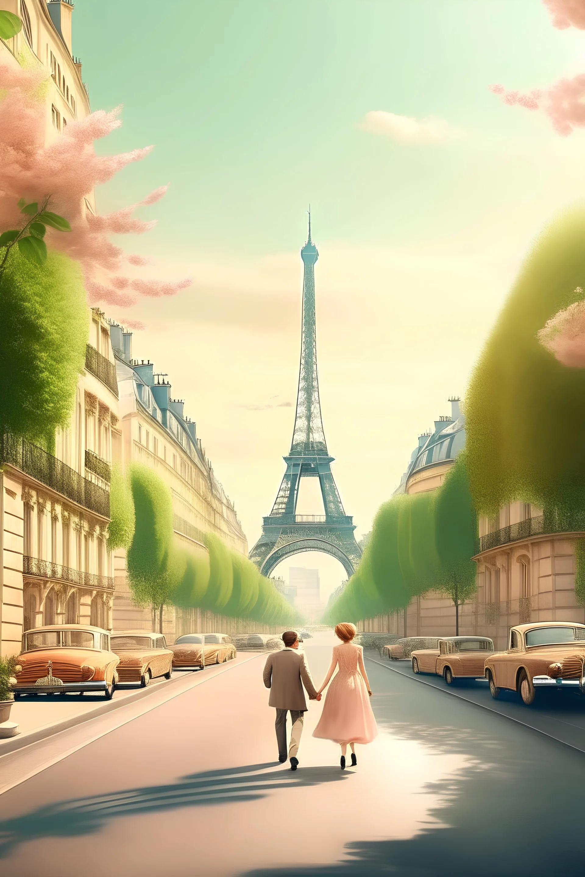 generate landscape image Paris skyline florist door women irrigate flowers street with a man and son car warm pastel color eiffel tower Vintage landscape romantic couple crossing the street