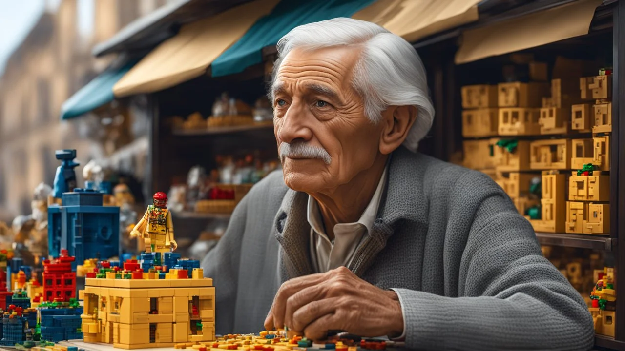 elderly male market trader selling Lego, showing his head and upper body, perfect eyes, perfect anatomy, exquisite composition, beautiful detailed intricate detailed octane render, 8k artistic photography, photorealistic, soft natural volumetric cinematic perfect light, chiaroscuro, award-winning photograph, masterpiece, raphael, caravaggio, bouguereau