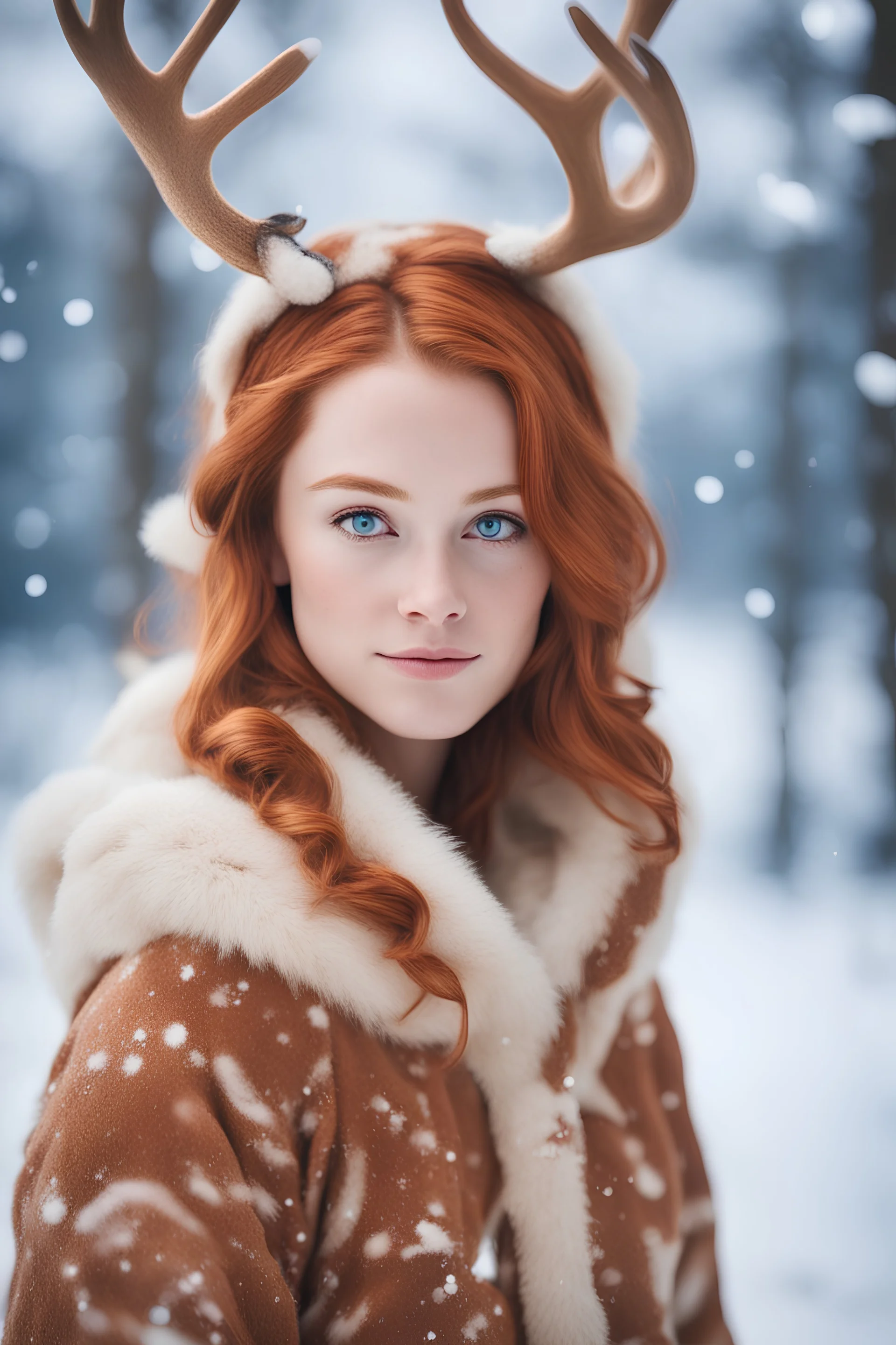 red haired girl in a tawny reindeer onesie with antlers blue eyes looking over shoulder towards viewer snowy background in the style of modern disney