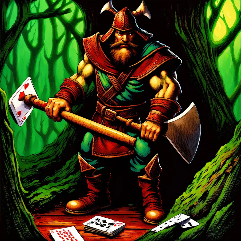 90's TCG art retro fantasy art of an axe chopping a deck of cards