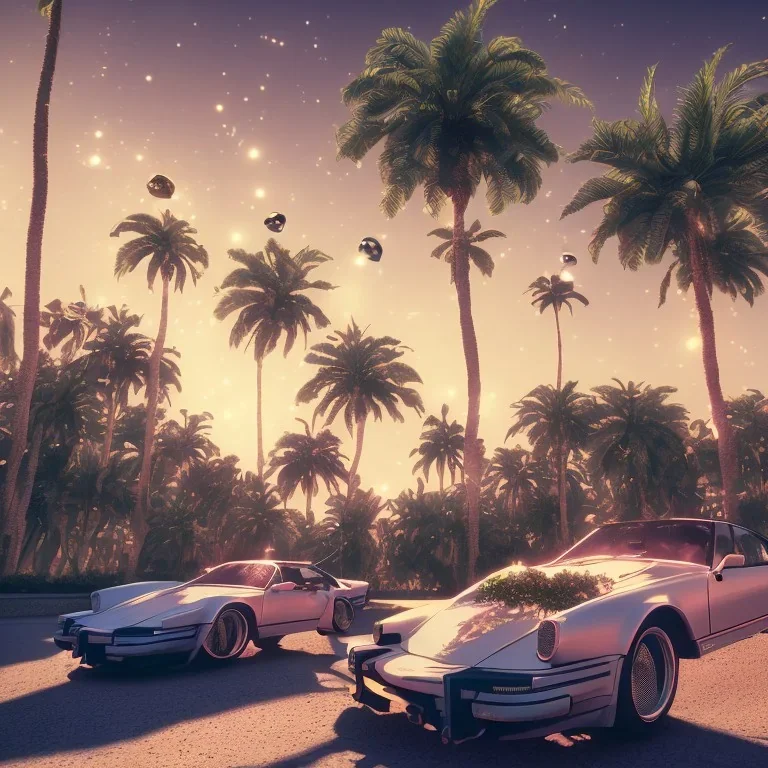 1980's aesthetic vaporwave palm trees and spheres and glowing Porsche