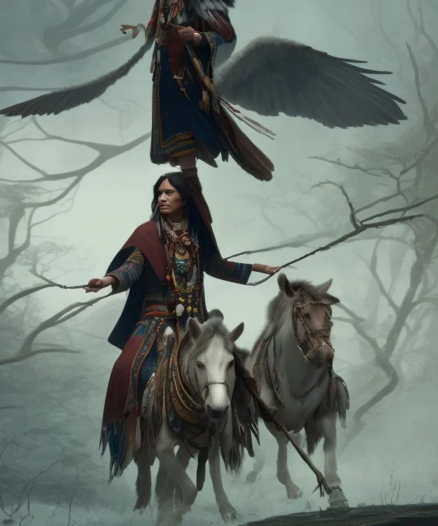 shaman, male native american, long black hair, black hooded coat like wings, 8k resolution concept art portrait by Greg Rutkowski