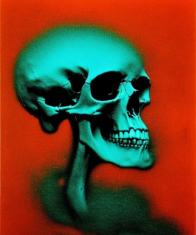 broken realistic skull. black background. smoke and explode. particles in air. teal and orange. abstract. beksinski.