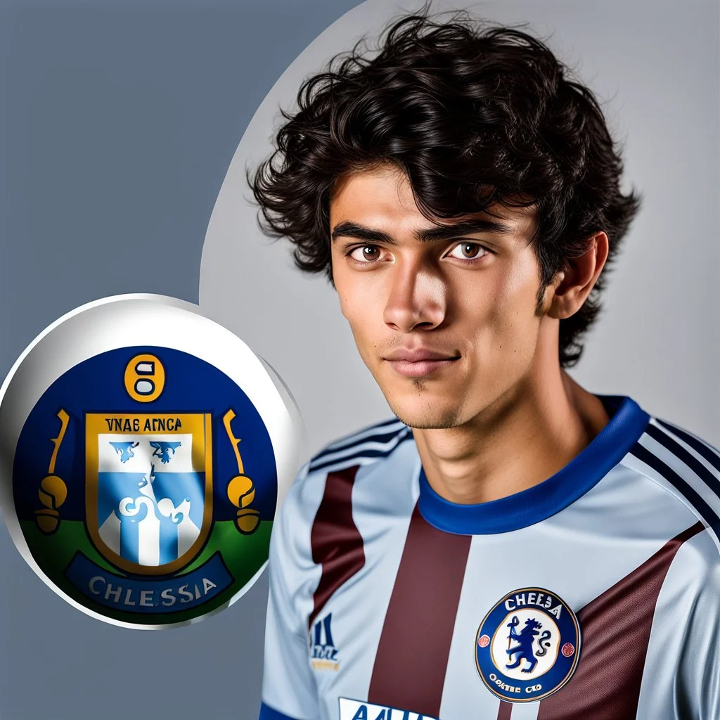 85mm DSLR color photography of a very detailed headshot fitting all of head and hair in frame. 19-year-old Argentine soccer player, and with no facial hair and has no facial hair, has short and black hair with a small smile, grey background is in a Chelsea fc shirt