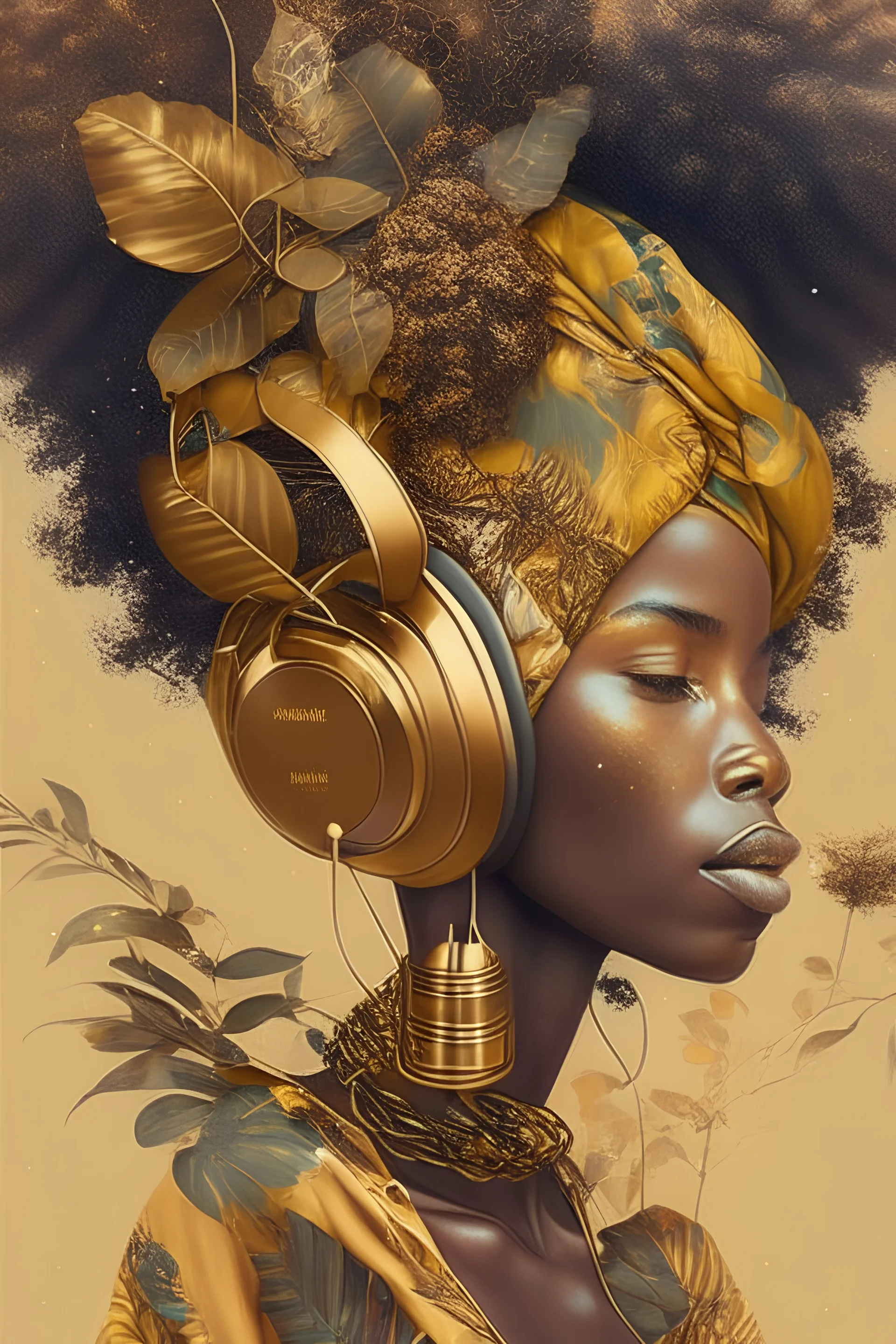 universe meets nature, african american woman, afro, gold jewellery, head scarf, headphones, music, earthy tones, hip hop vibes