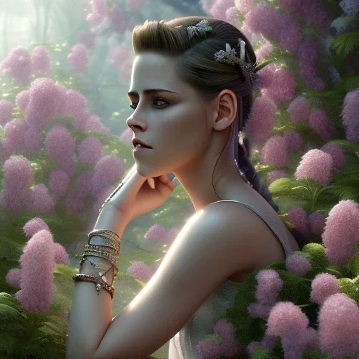 pixar style, volumetric summer garden environment and background, realistic painting of Kristen Stewart, looking excited, volumetric lighting, dramatic lighting, detailed digital painting, extreme dense and fine fur, anime, ornate, colour-washed colors, elegant, small minutiae, tiny features, particulars, centered, smooth, sharp focus, renderman gofur render, 8k, uhd, detailed eyes, realistic shaded volumetric lighting, sunlight caustics, backlight, centered camera view