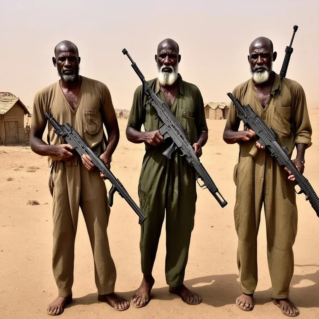 make a picture of 3 poor looking black men in a desert. they are in afghanistan. behind them is a raided village they are holding rifles. they look very very dangerous and have long white beards. they have ak47 rifles