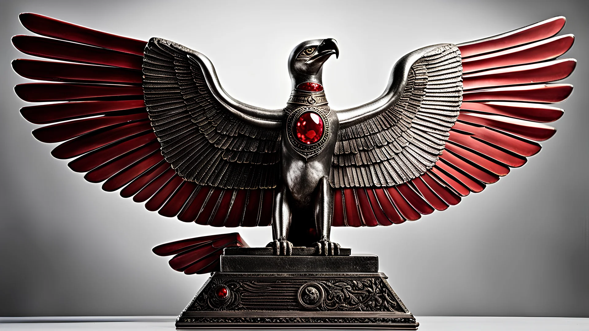 A silver statue of an Egyptian red eagle, with red gems on its profile side view, spreading its wings upwards in a V shape, captured under dramatic lighting and a wide-angle view.