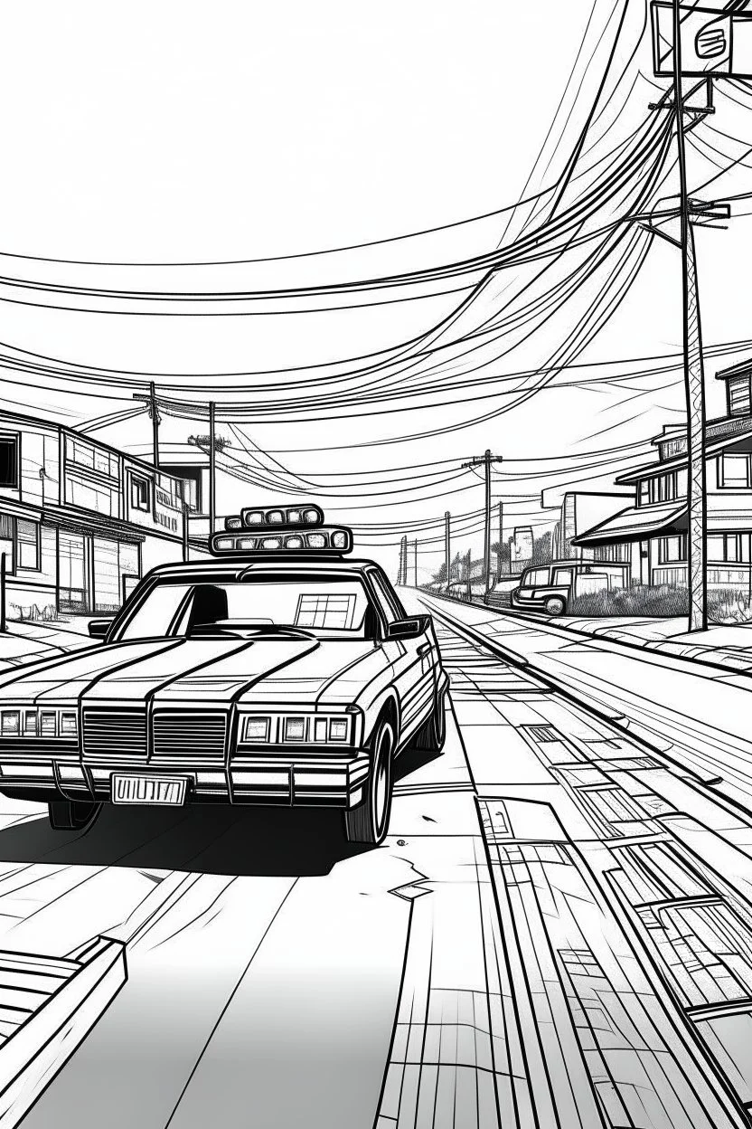 Outline art, no shading, police car on the road, cartoon style, black and white, low detail, --ar 9:11