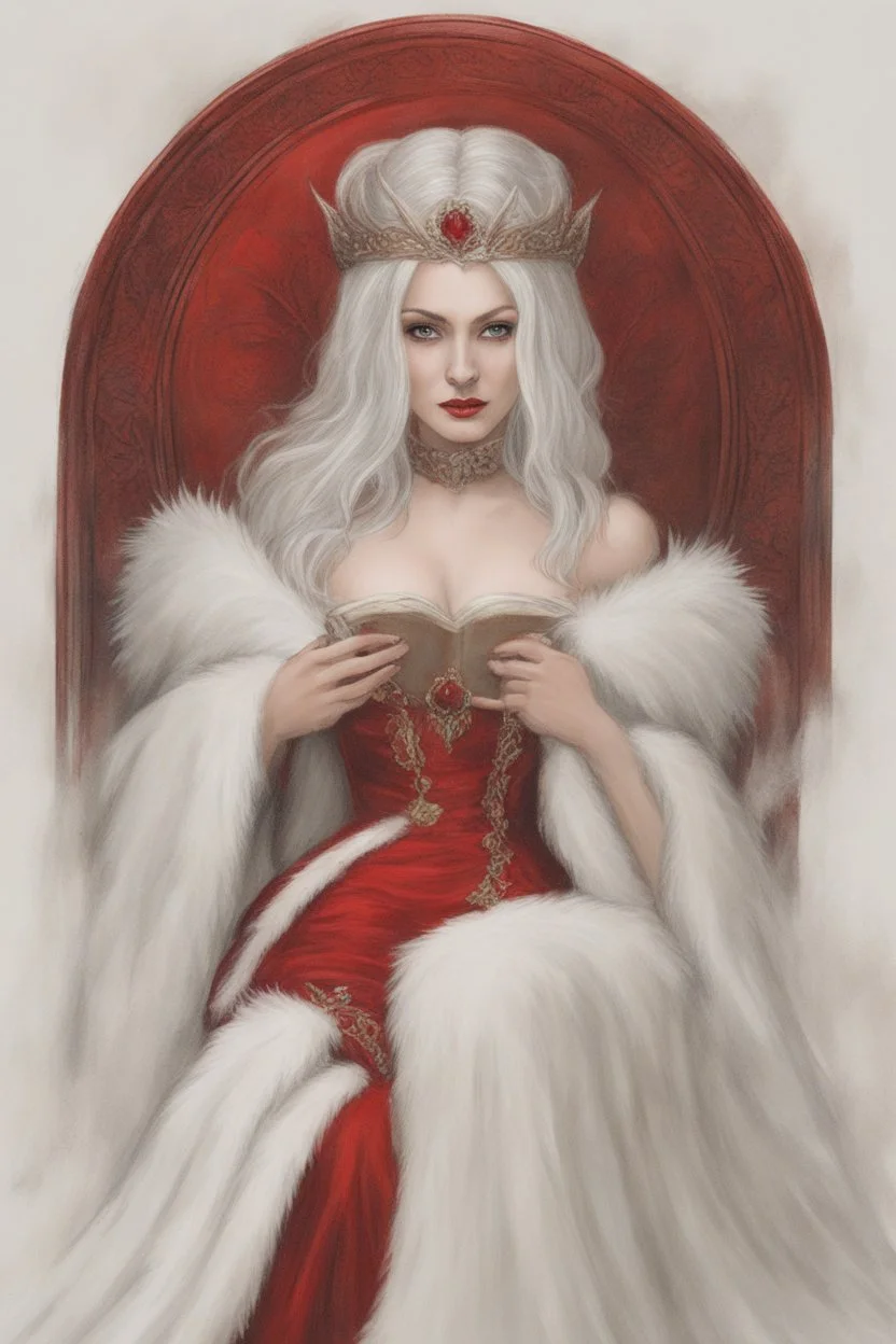 Beautiful white haired Vampire queen on her throne, drawing. Wearing a red cloak with a fur collar. Portrait, waist up