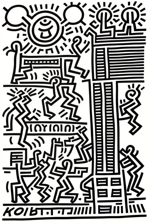 Bauhaus city in the style of by keith haring, dooddle