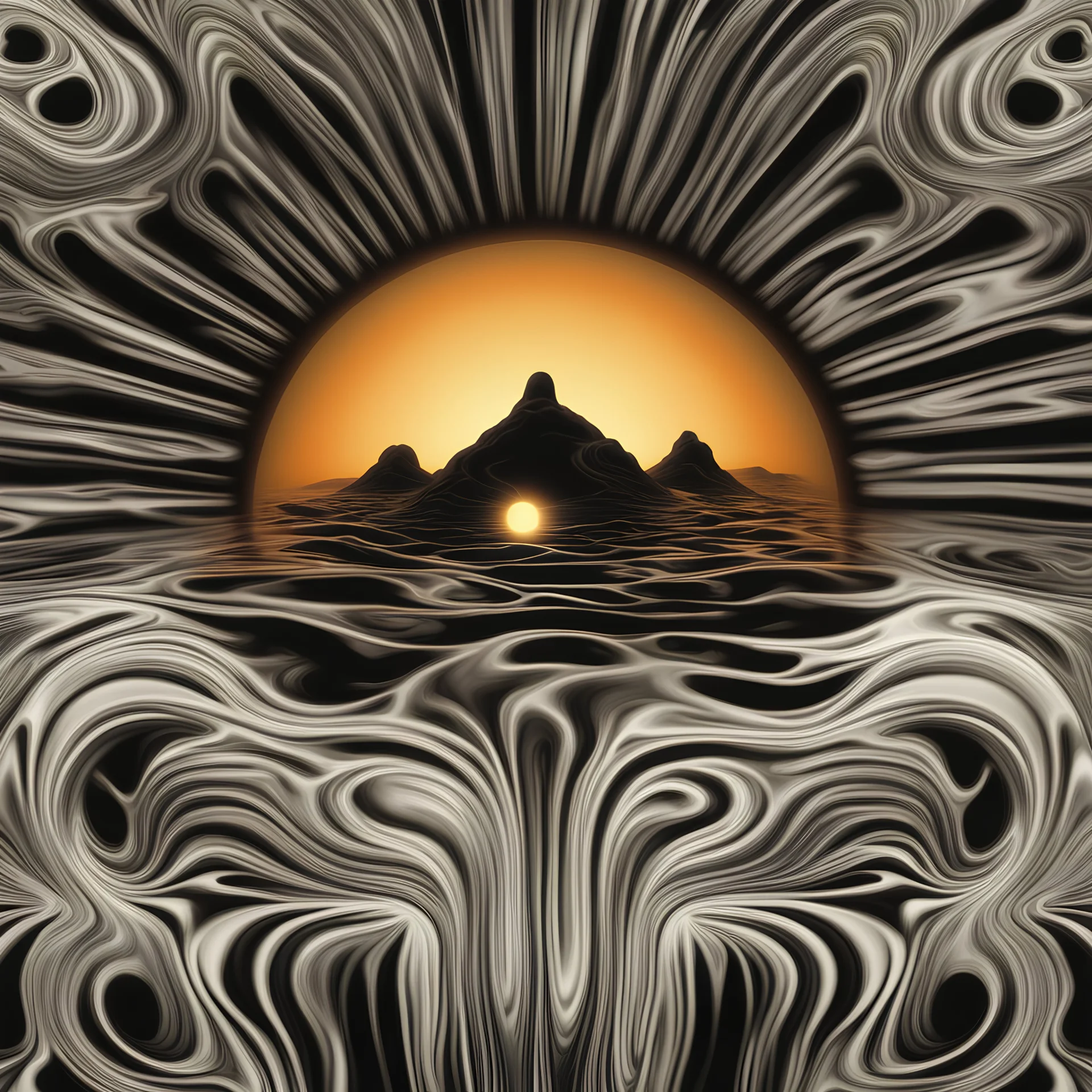 optical illusion transparent shining liquid , ghost black melting sun,