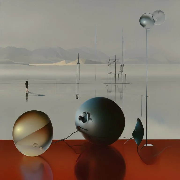 dusk landscape with lake,boat and human body, universe-like Soap Bubble,complex surgical instruments mixed with human body-like musical instruments,minimalism,Painting By Adrian Ghenie, Rene Magritte, Salvador Dali, Lucian Freud