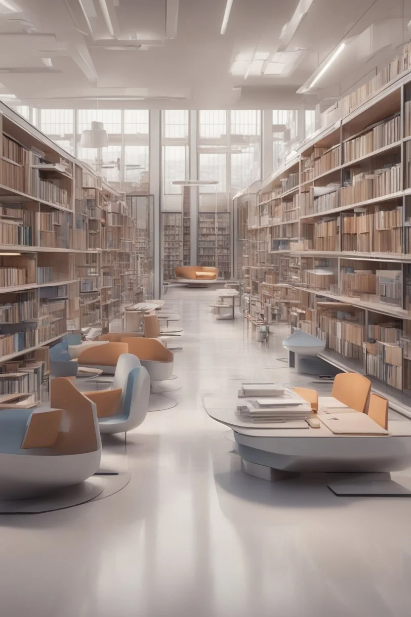 A modern library. Robotic book delivery, everything is automated. Cutting-edge library interior design. Everything is drawn in detail, in high resolution. 8k