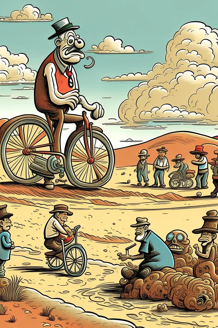 giant old bicycle with pepe on the top smoking in the desert with small people around in the style of Hiroshi Nagai