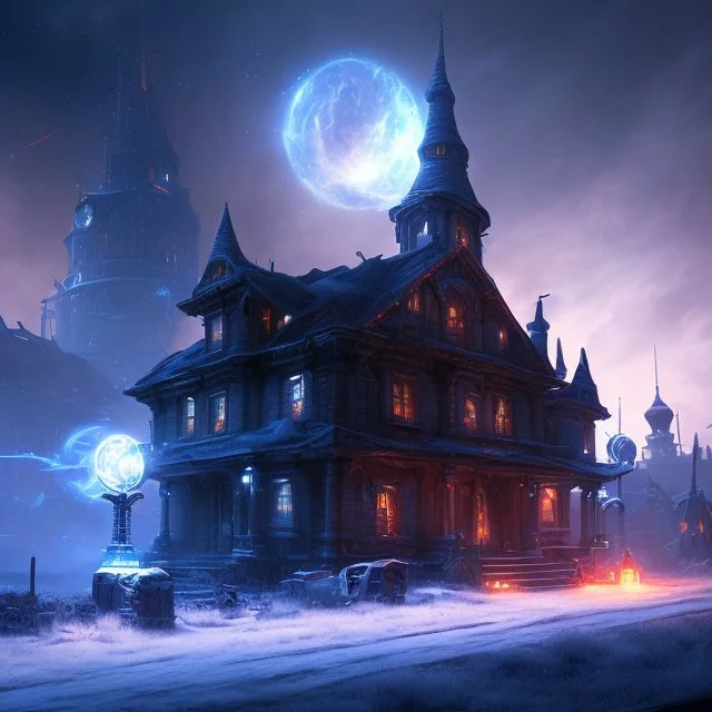 dynamic lighting, Intricately detailed, Unreal Engine, Hell fantasy artwork, nightsky, blue, black, fields, abandoned buildings, ruins, cottage,