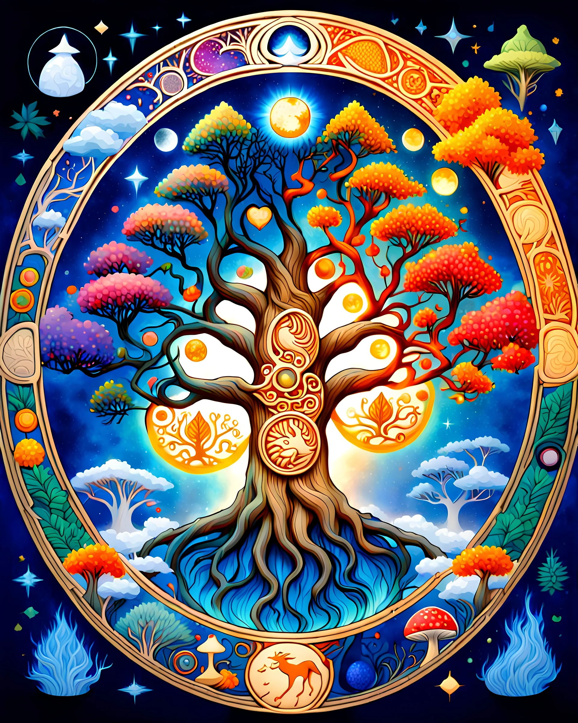 The tree of life consists of four seasons: spring, summer, autumn, winter, light, time, darkness, star, moon, sun, yang-ying, water, wind, soil, fire, love, blue magic mushroom, and lion symbol.