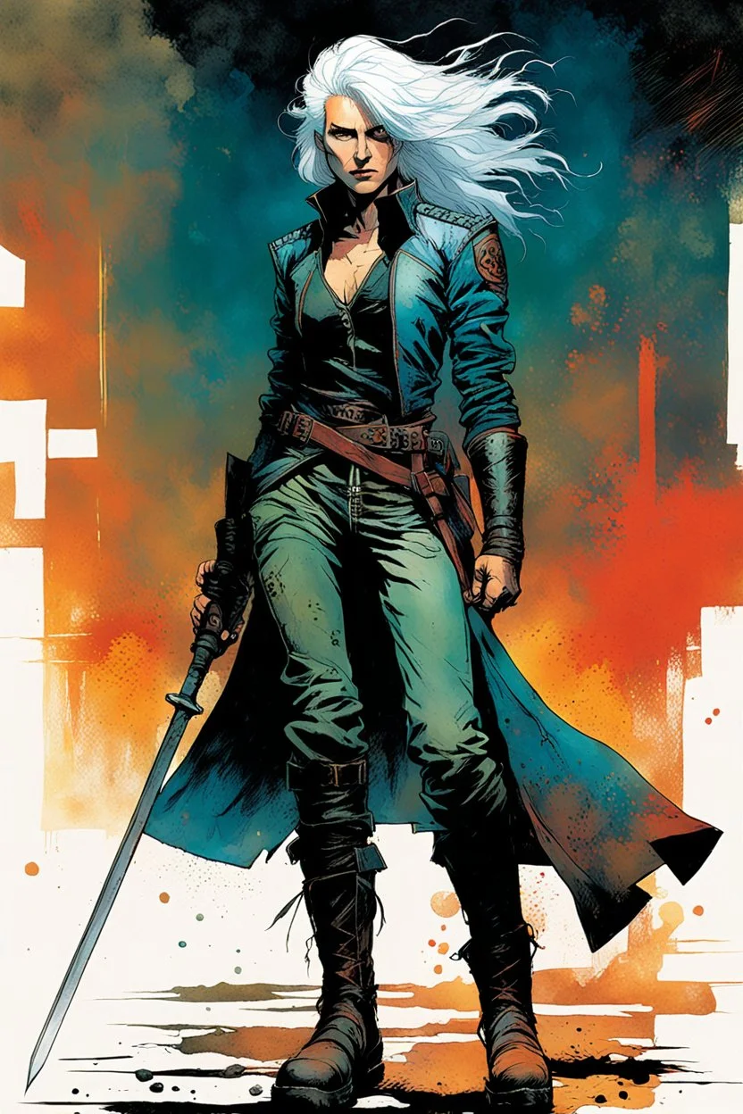 create an imaginative full body print illustration of an ethereal, otherworldly , ghost haired, female grandmaster Witcher in a tattered battle worn leather doublet and boots , in the comic book art style of Bill Sienkiewicz, Mike Mignola, and Jean Giraud Moebius, with highly detailed feminine facial features , finely drawn, colored and inked,