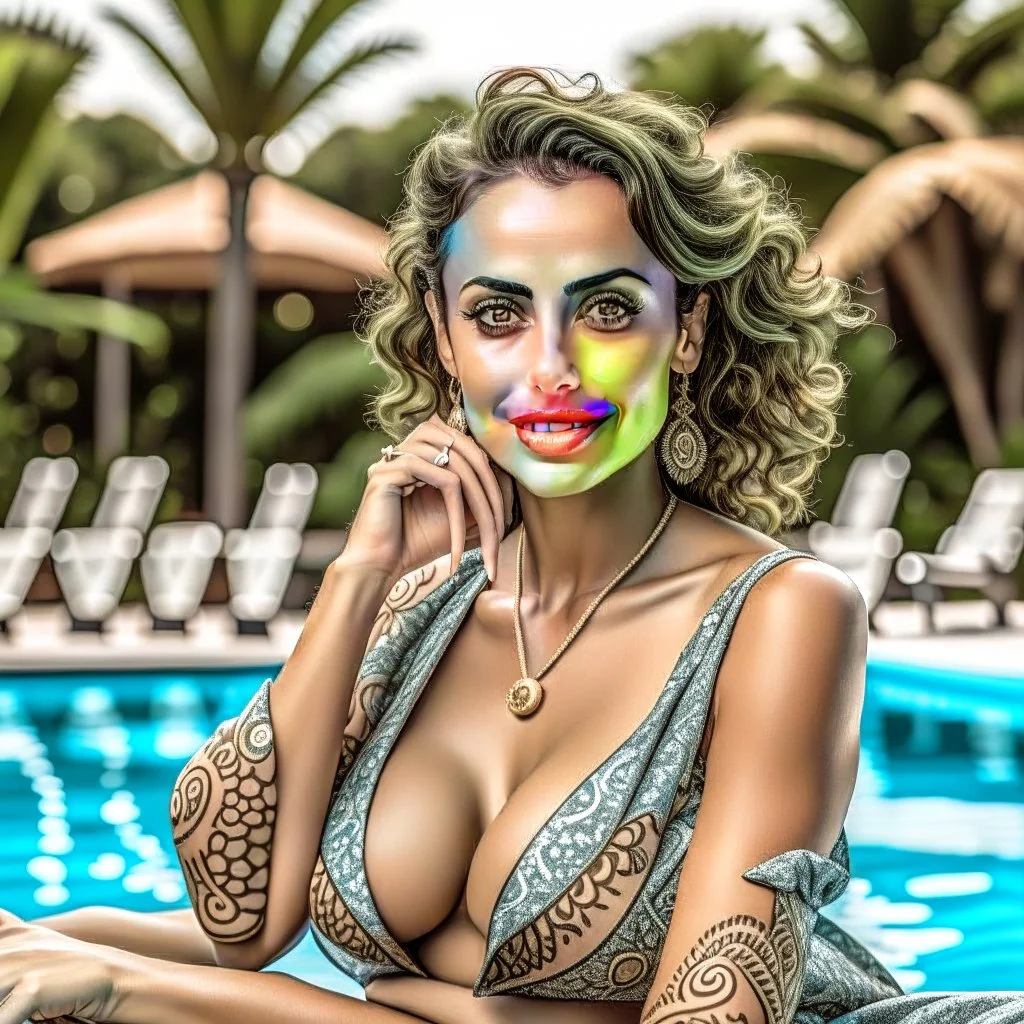 portrait photography, upper body, shot by Canon EOS 5D, outdoor, 25 years old Brazilian lady Ambrosso Sanchez, sitting near the pool, wearing bikini, she has modern style, looks very sad, sunday ambient, high quality, aged face details,sad, intricate details,perfectly correct human anatomy