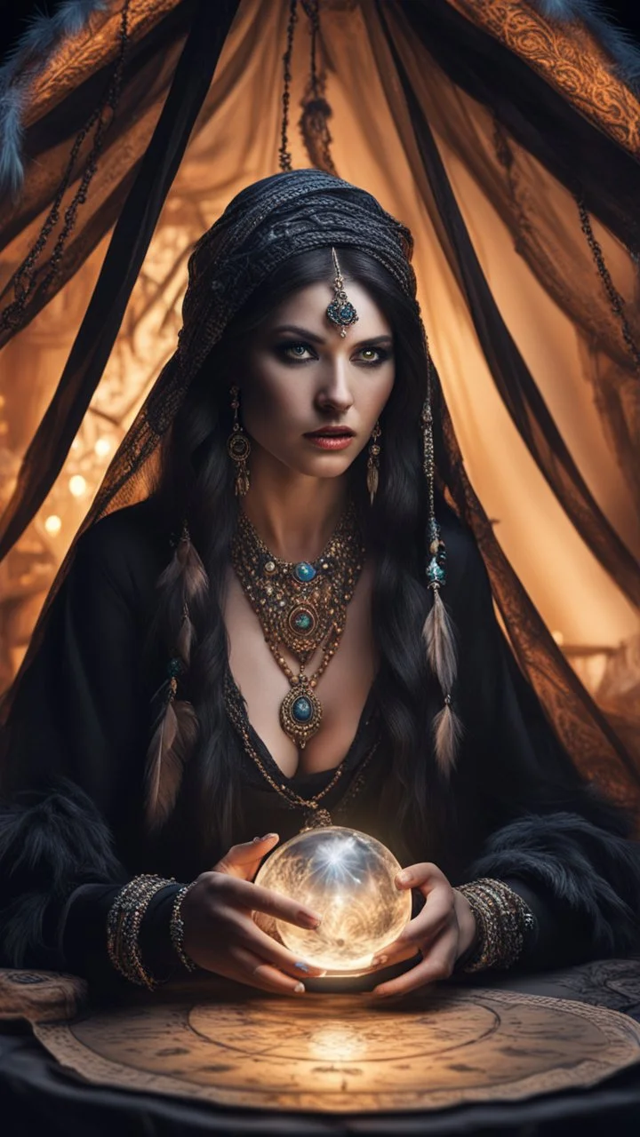 Hyper Realistic photographic-view of Wicked Fortune-teller wearing black-beed-necklace-&-bracelet angrily Looking at her crystal-ball glowing magically & sitting in her tent decorated with fancy-traditional-ornaments-&-feathers showing dramatic & cinematic ambiance"