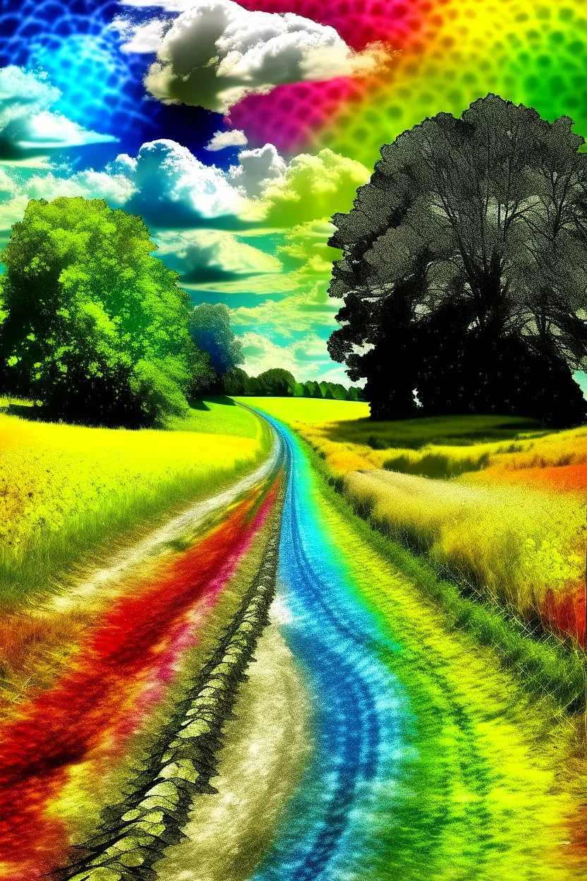 Prompt: tie-dye country road