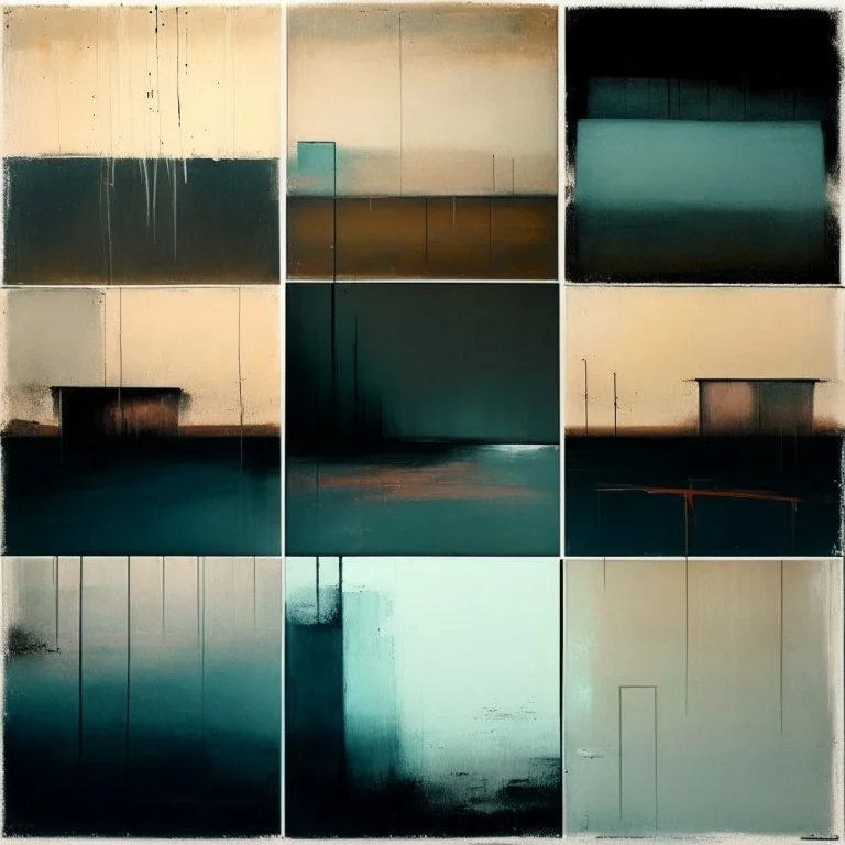 Minimal abstract oil paintings of a desolate 1960s carpark. Blurry lights. On the floor are concrete fragments and road markings . In the dark mysterious style of Justin Mortimer and Francis Bacon.