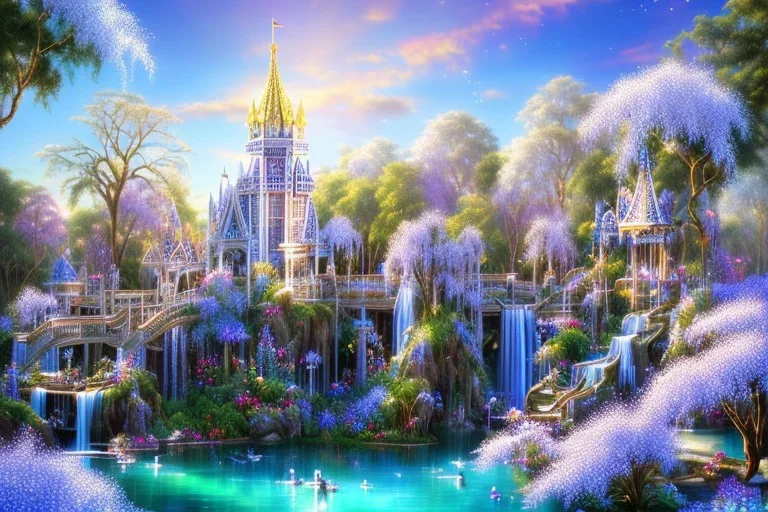  white and gold crystal PALACE，swanns,waterfall, BLUE LAKE, SWANN,flowers, jacaranda trees, sky pink blue, full of details, smooth, bright sunshine，soft light atmosphere, light effect，vaporwave colorful, concept art, smooth, extremely sharp detail, finely tuned detail, ultra high definition, 8 k, unreal engine 5, ultra sharp focus