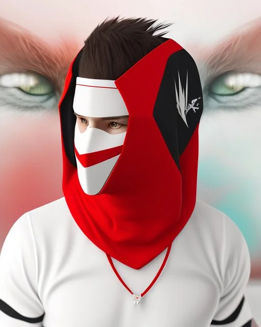 Draw an illustration with a red and black hood and a dragón mask over they eyes