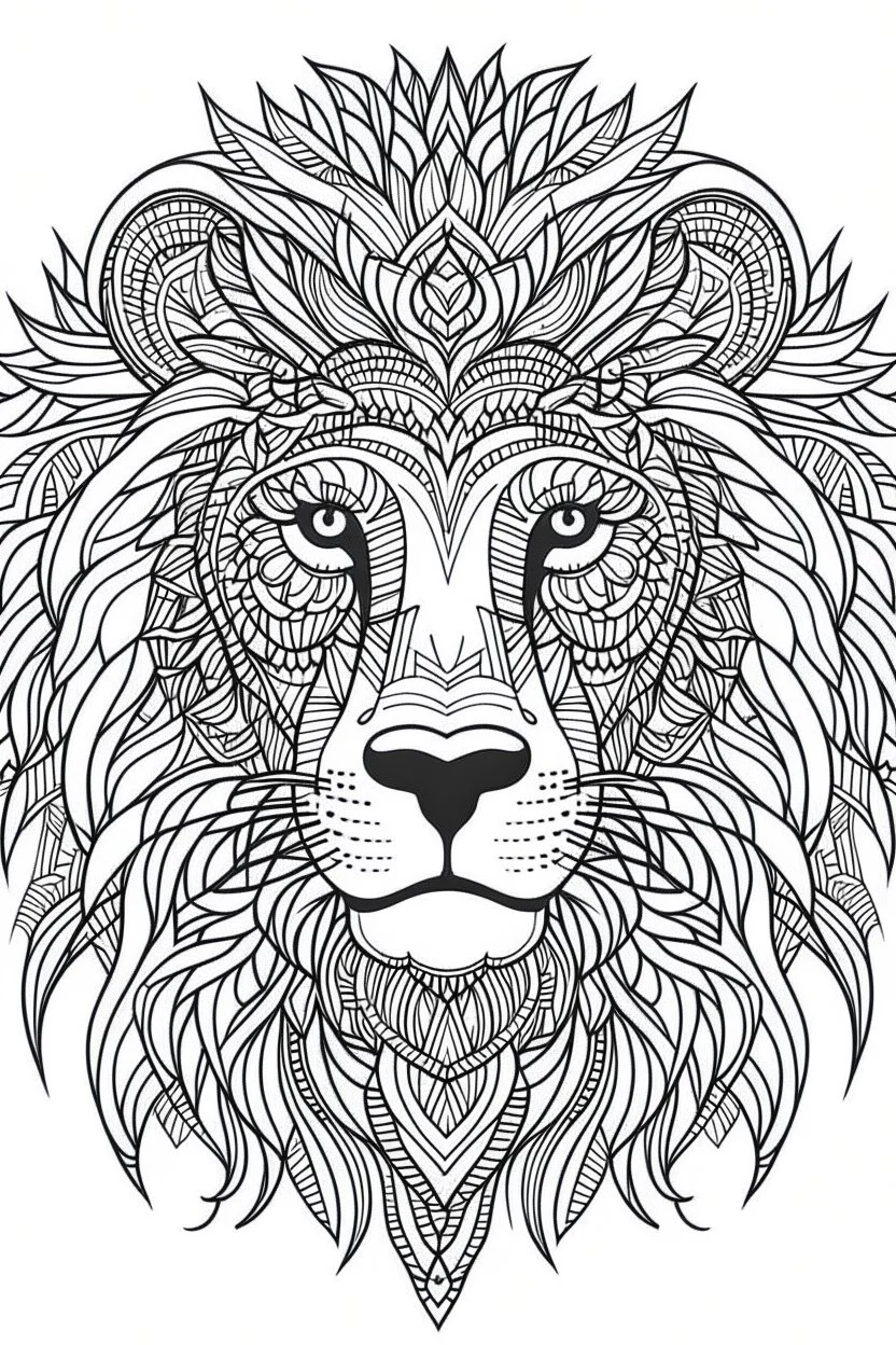 lion mandala, realistic, each unique, full view, only draw lines, clean line art, –no sketch, white background, minimalistic black lines, minimal black color, coloring page, thin black line art, perfect shape, perfect clear lines,