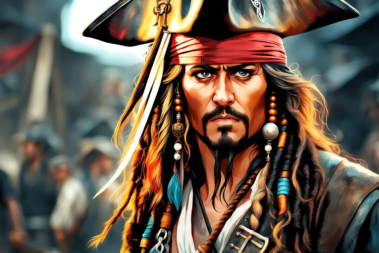 Jack Sparrow in 8k anime realistic drawing style, pirate custom, close picture, rain, neon, intricate details, highly detailed, high details, detailed portrait, masterpiece,ultra detailed, ultra quality