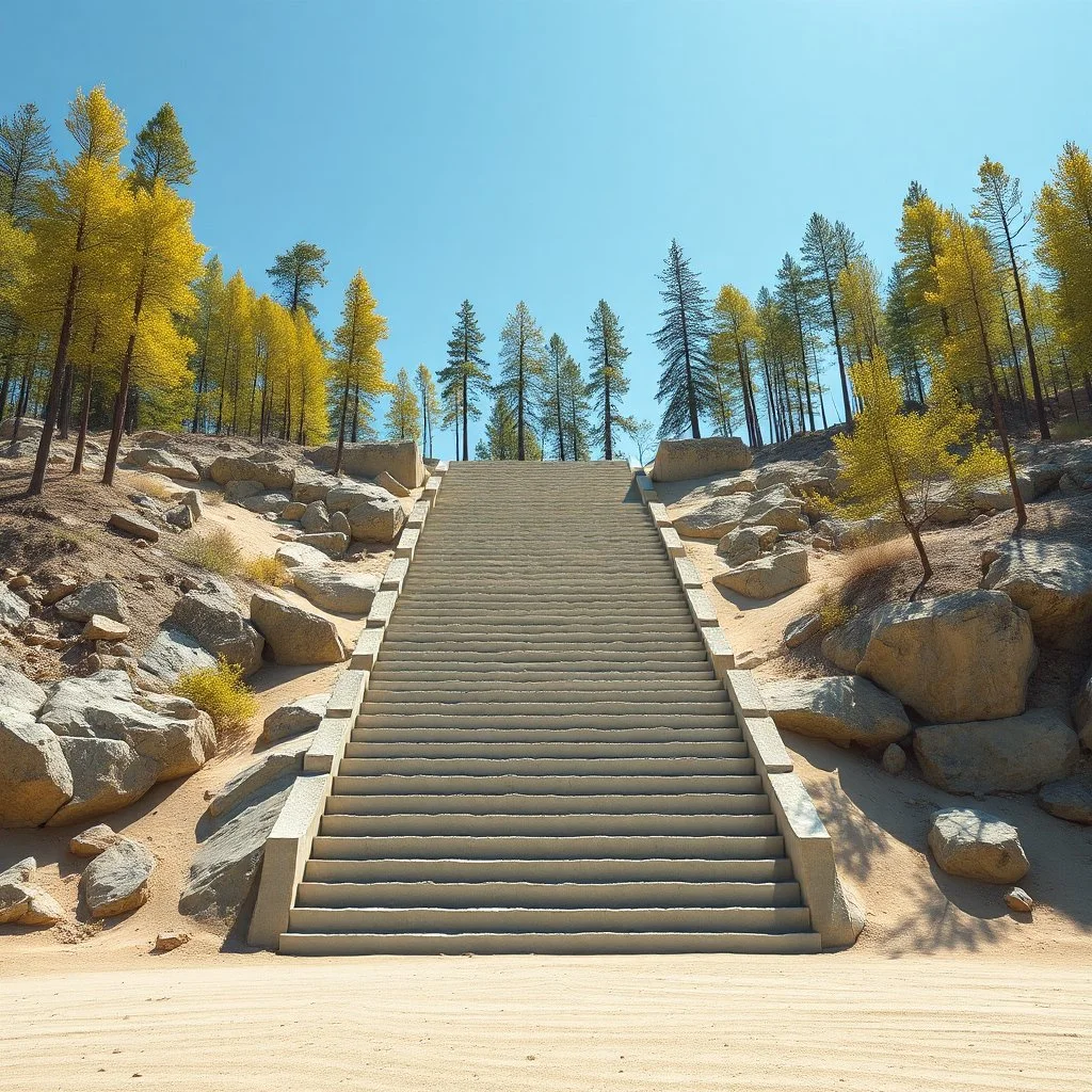 Photograph, wasteland, taiga trees, bright, brutalist steps, daylight, rocce, infinite cage up to the sky, brutalist, liquid, polvere, open air museum style, blue, apparecchi elettronici, powder, yellow rock, minimalist, details of the dust very accentuated, deep 3d field