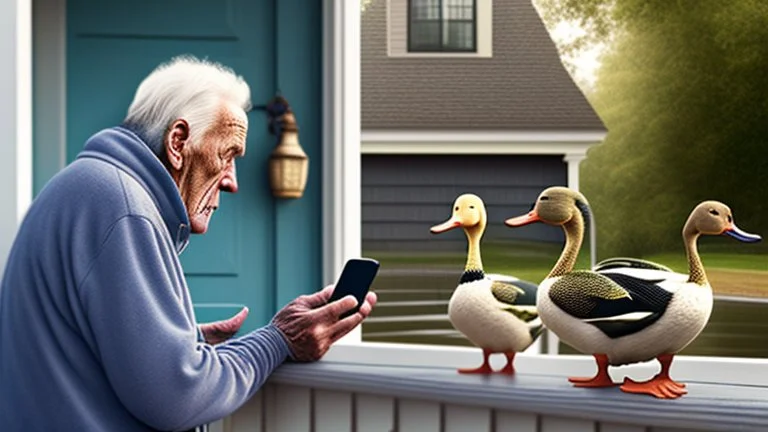 confused older man using cellphone on his porch trying to get the ducks to leave