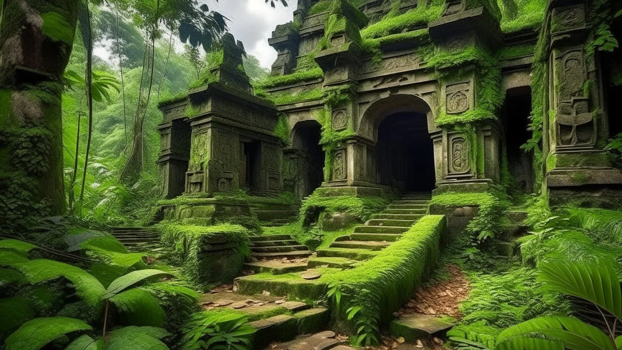 Explore the mysterious ancient ruins hidden deep within the jungle, where crumbling stone walls are adorned with intricate carvings and overgrown with lush green vines.