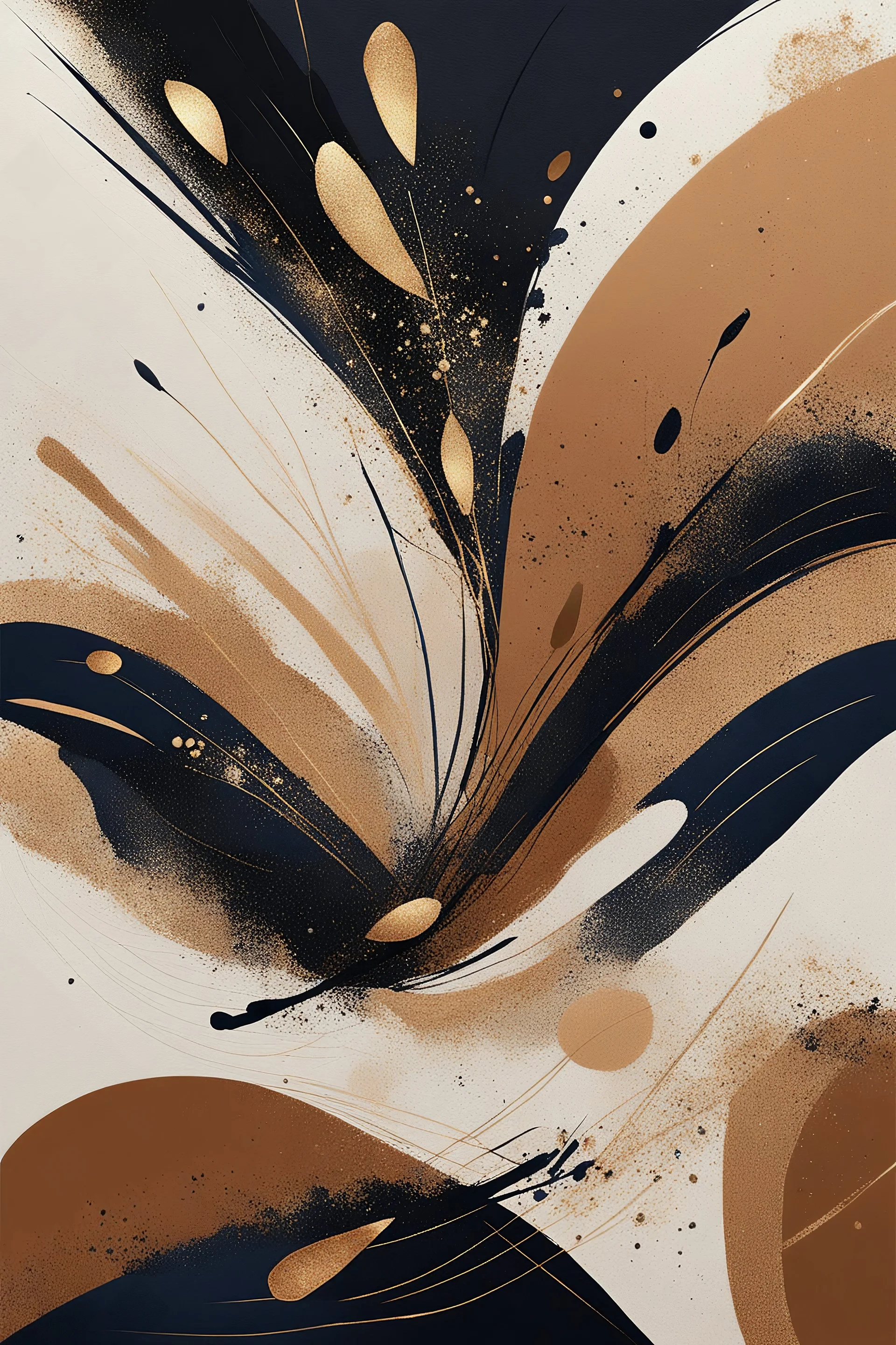 "Create an abstract artwork featuring soft, overlapping shapes in earthy tones like beige, rust, and navy. Incorporate sweeping black brushstrokes, textured golden accents and glitters, and subtle splatter effects to add depth and movement. The design should evoke a sense of modern elegance and organic flow. ON BLACK BACKGROUND