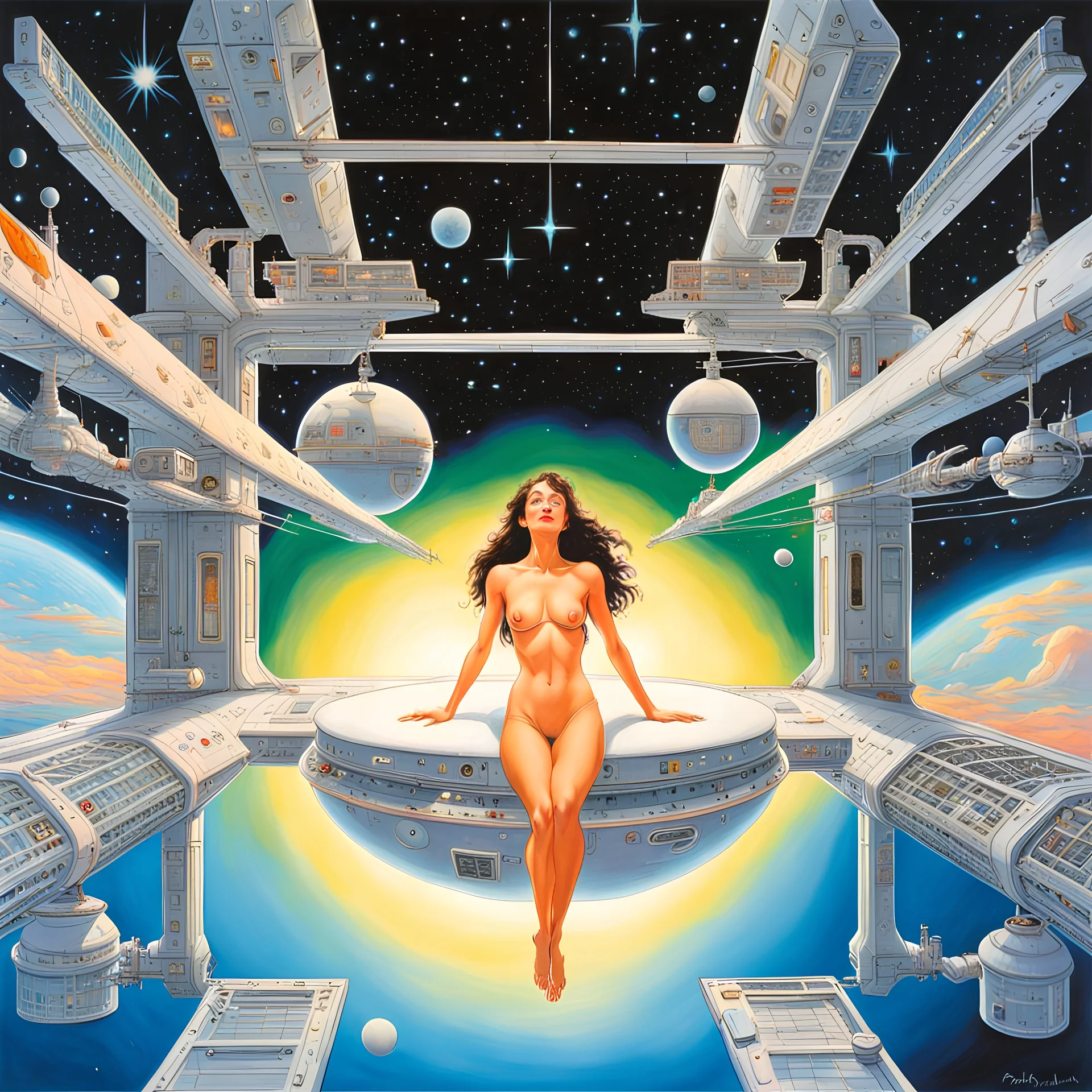 Art by Patrick Woodroffe, my beautiful asian naturist wife floating in a zero gravity space station