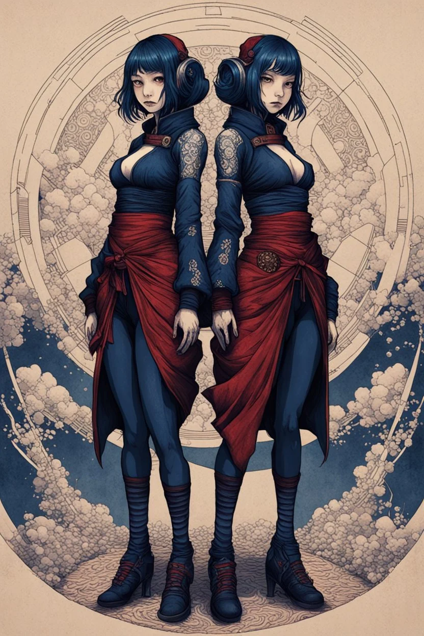 cyberpunk full body, 2 girls huge and petit, in symetric illustration by <Katsushika Hokusai><John Kenn Mortensen>, darkred tones, darkblue tones, hyperdetailed,