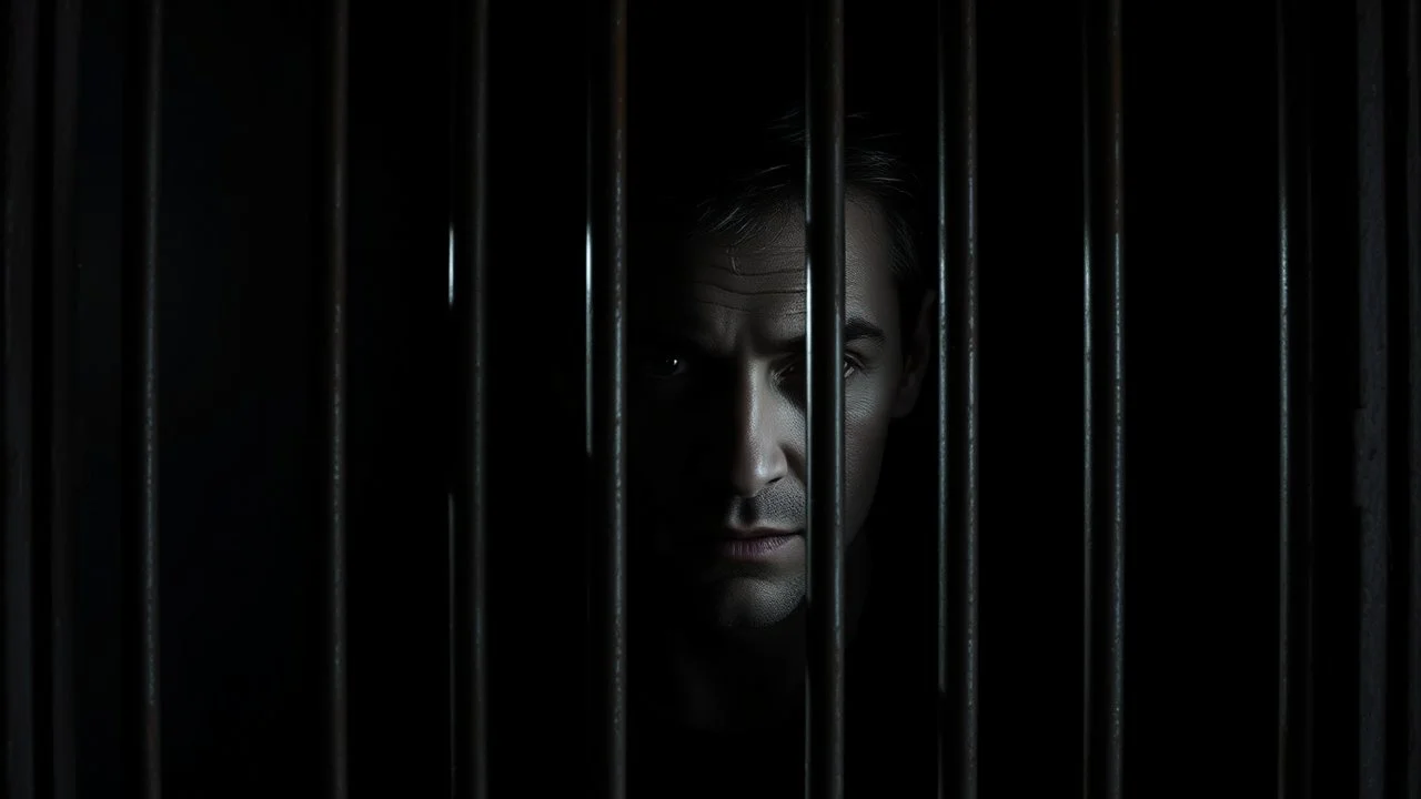 parallel prison window bars in foreground, dark prison cell behind them, hidden human face partially visible through the window bars, identity obscured by darkness, cinematic lighting, psychological imprisonment, existential symbolism, ultra realistic, dark atmosphere, high contrast shadows, masterpiece