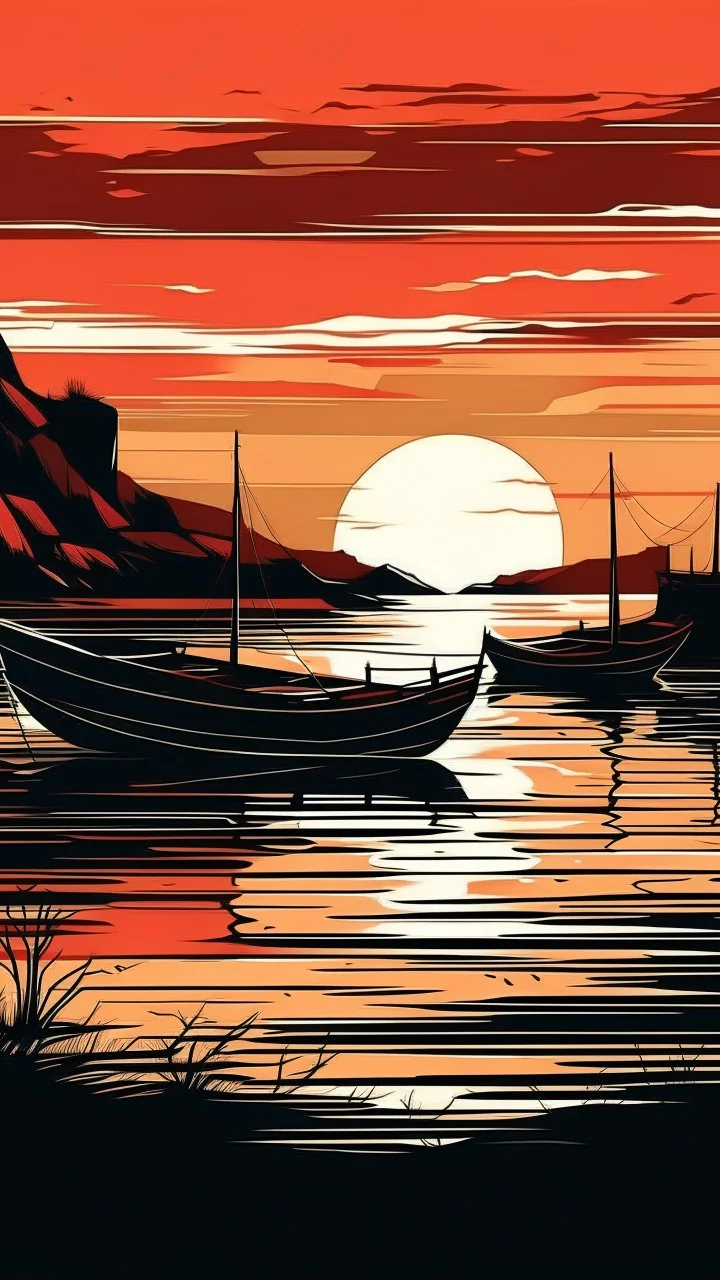 Delve into the tranquility of a coastal landscape art, featuring a fishing boat at a lake during sunset. The flat background style and darkly romantic illustration, in hues of dark amber and red, evoke a sense of serene beauty.