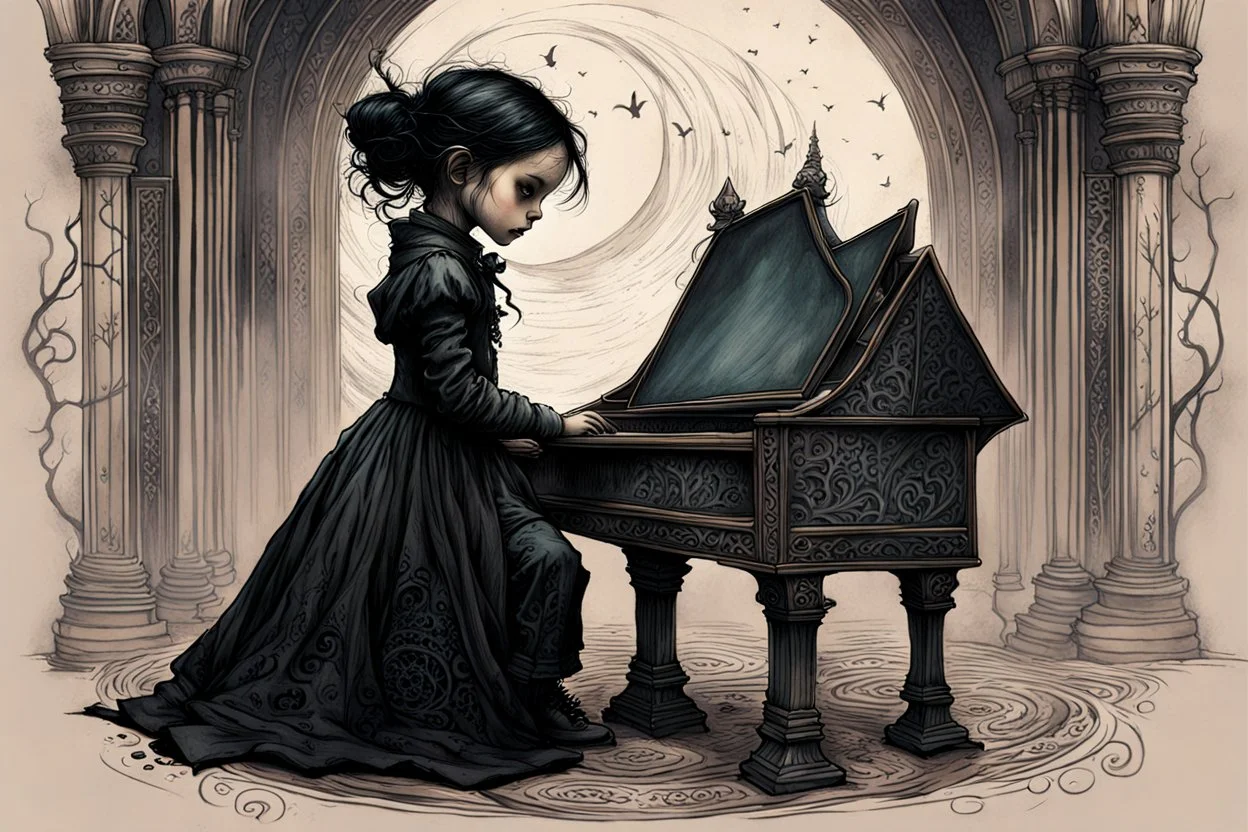 create a highly ethereal, darkly magical bookplate illustration of a lonely orphan goth girl playing the piano , with highly detailed and deeply cut facial features, in the the style of JEAN-BAPTISTE MONGE, searing lines and forceful strokes, precisely drawn, boldly inked, and darkly colored